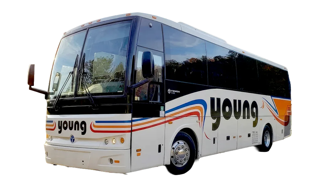 Young Transportation 36-passenger motorcoach, front three-quarter view