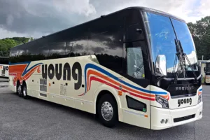Young Transportation 56-passenger motorcoach, front three-quarter view