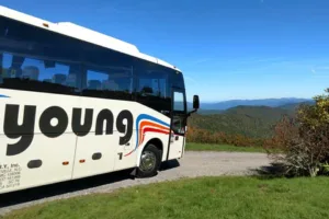 Young Transportation 36-passenger motorcoach parked at a Blue Ridge mountain overlook