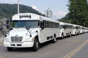 Young Transportation activity buses lined up along a roadway before departure