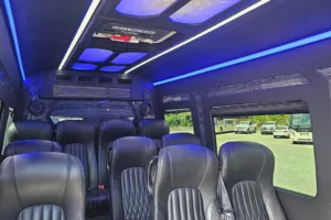 Interior of a Young Transportation luxury van with leather seating and accent lighting