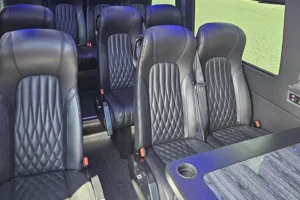 Quilted leather seating inside a Young Transportation luxury van