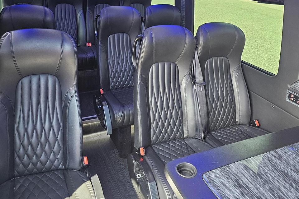 Quilted leather seating inside a Young Transportation luxury van