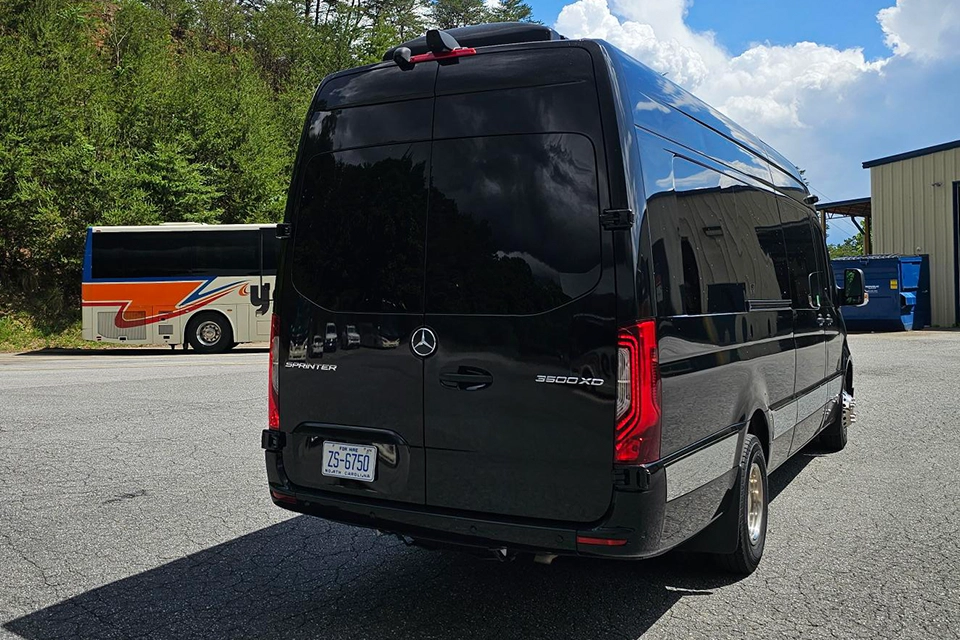 Young Transportation luxury van, rear three-quarter view