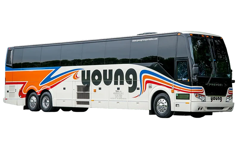 Young Transportation & Tours Prevost motorcoach with branded livery, white with red, blue, and orange graphics