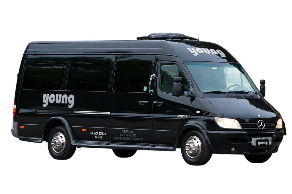 Young Transportation branded black Mercedes-Benz Sprinter 3500 van for small group charter travel