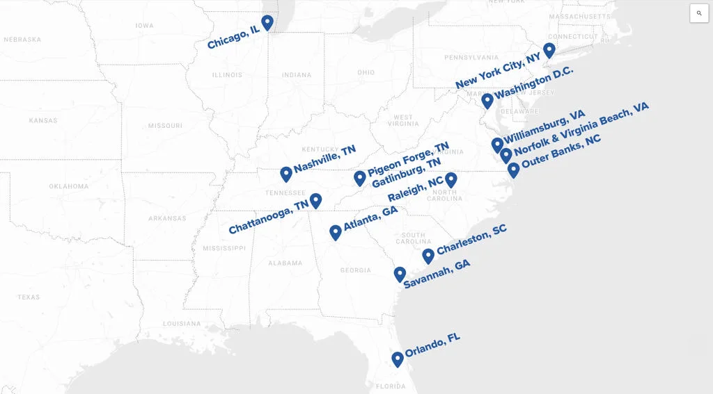 Map of Young Transportation service destinations across the Southeast