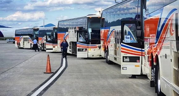 Young Transportation motorcoaches lined up on an airport apron