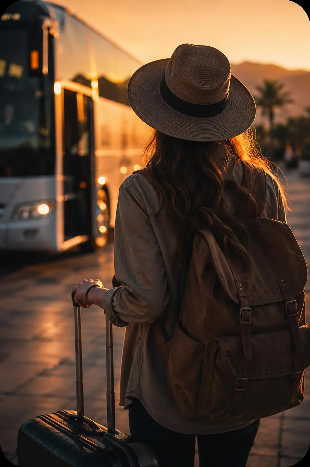 A traveler with a backpack waiting to board at dusk
