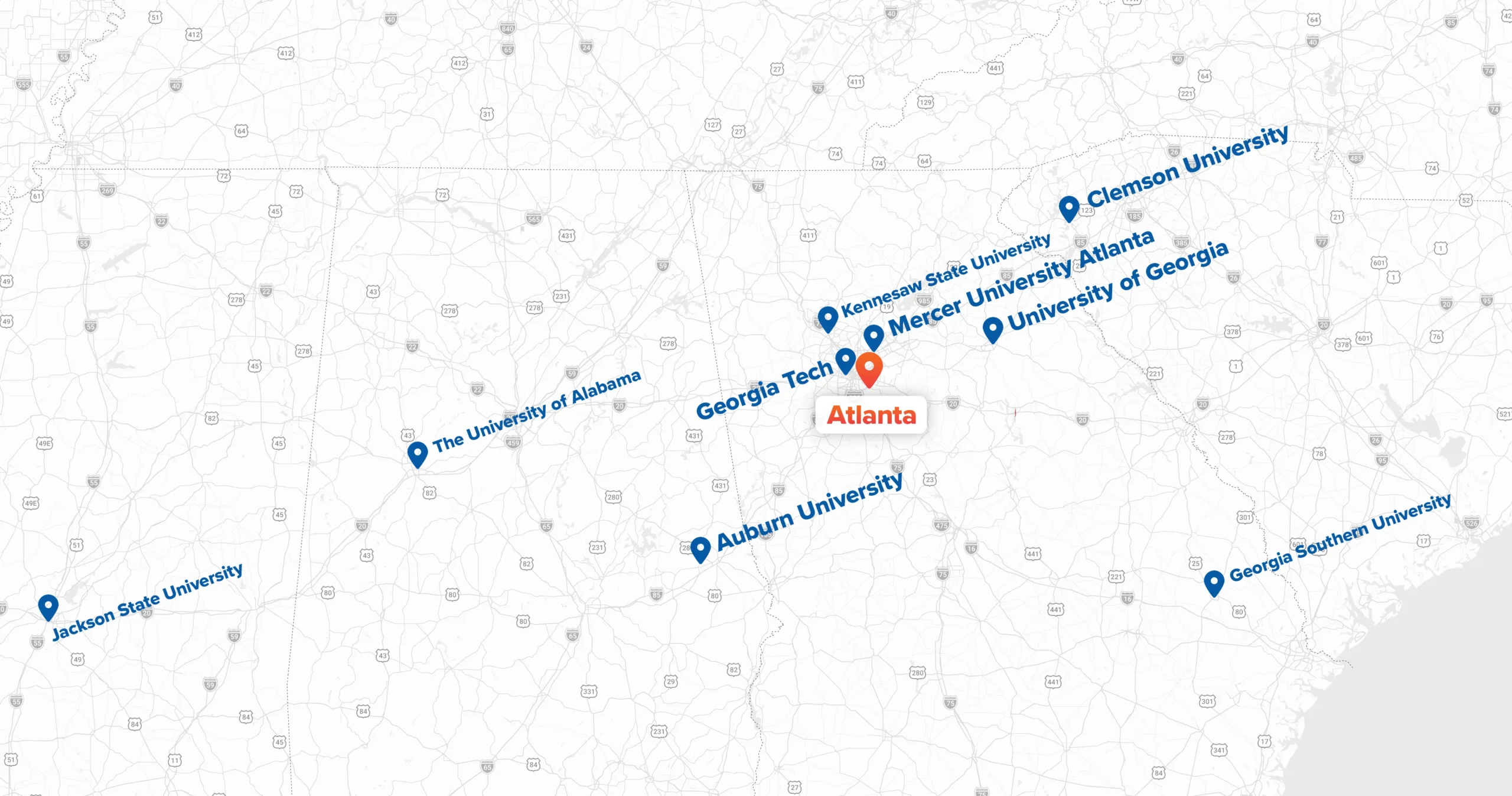 Map of universities around Atlanta, Georgia served from Young Transportation's Asheville hub