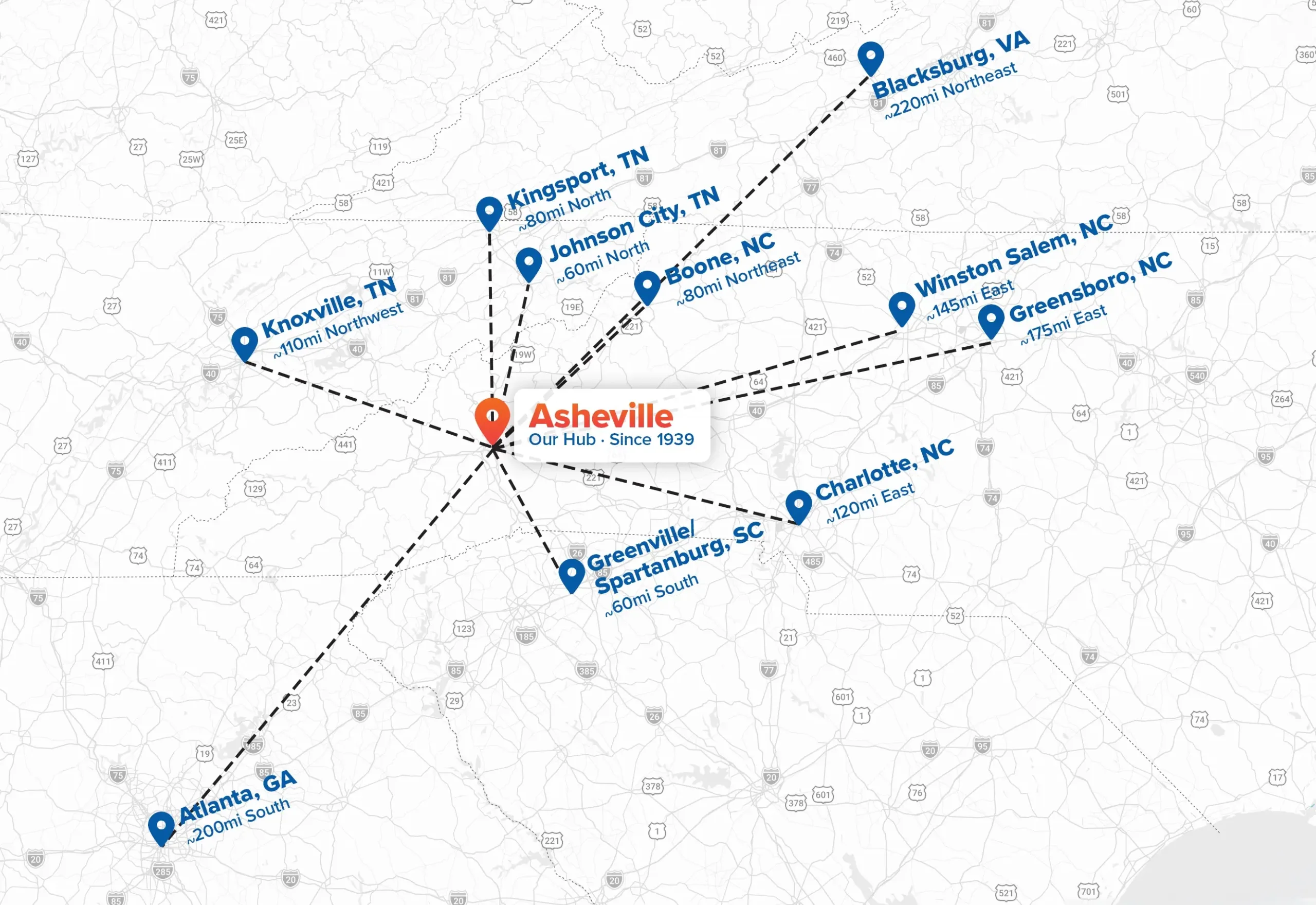 Map of Young Transportation's service area from Charlotte, North Carolina