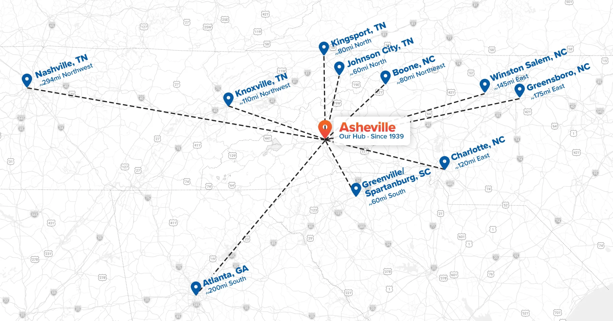 Map of Young Transportation's charter service area, with Asheville, NC as the hub since 1939 and drive times to Nashville, Knoxville, Kingsport and Johnson City, TN; Boone, Winston-Salem, Greensboro and Charlotte, NC; Greenville and Spartanburg, SC; and Atlanta, GA