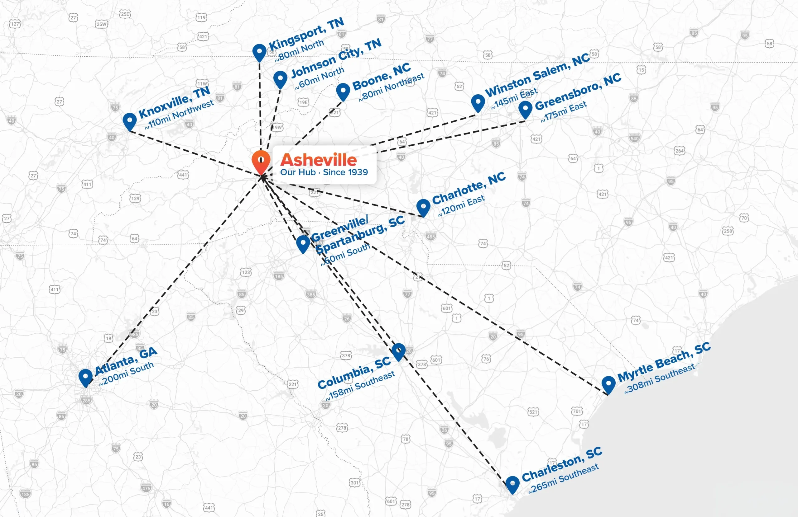 Map of charter routes between Young Transportation's Asheville hub and Columbia, South Carolina