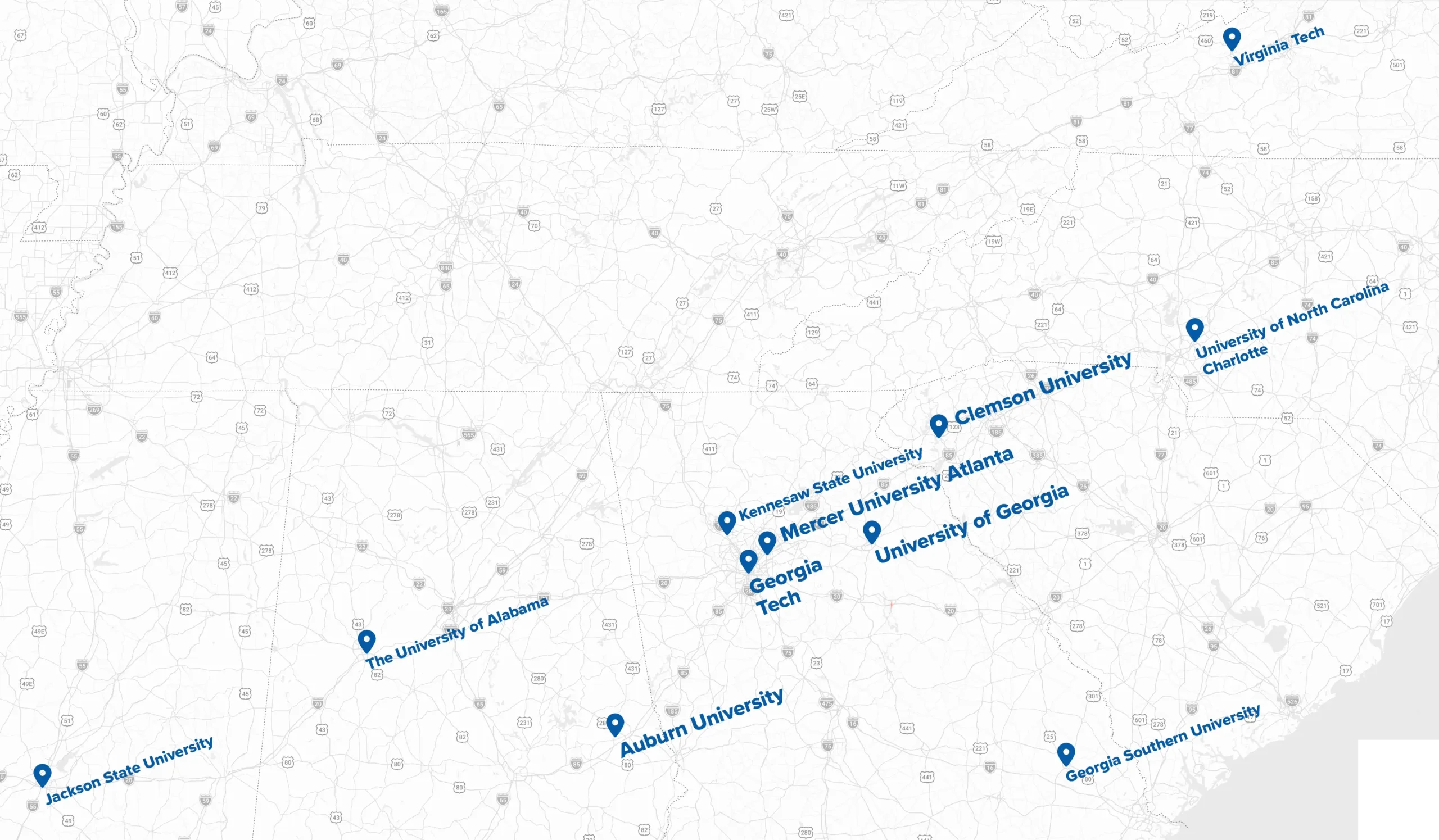 Map of charter routes between Young Transportation's Asheville hub and Greensboro and Winston-Salem, North Carolina