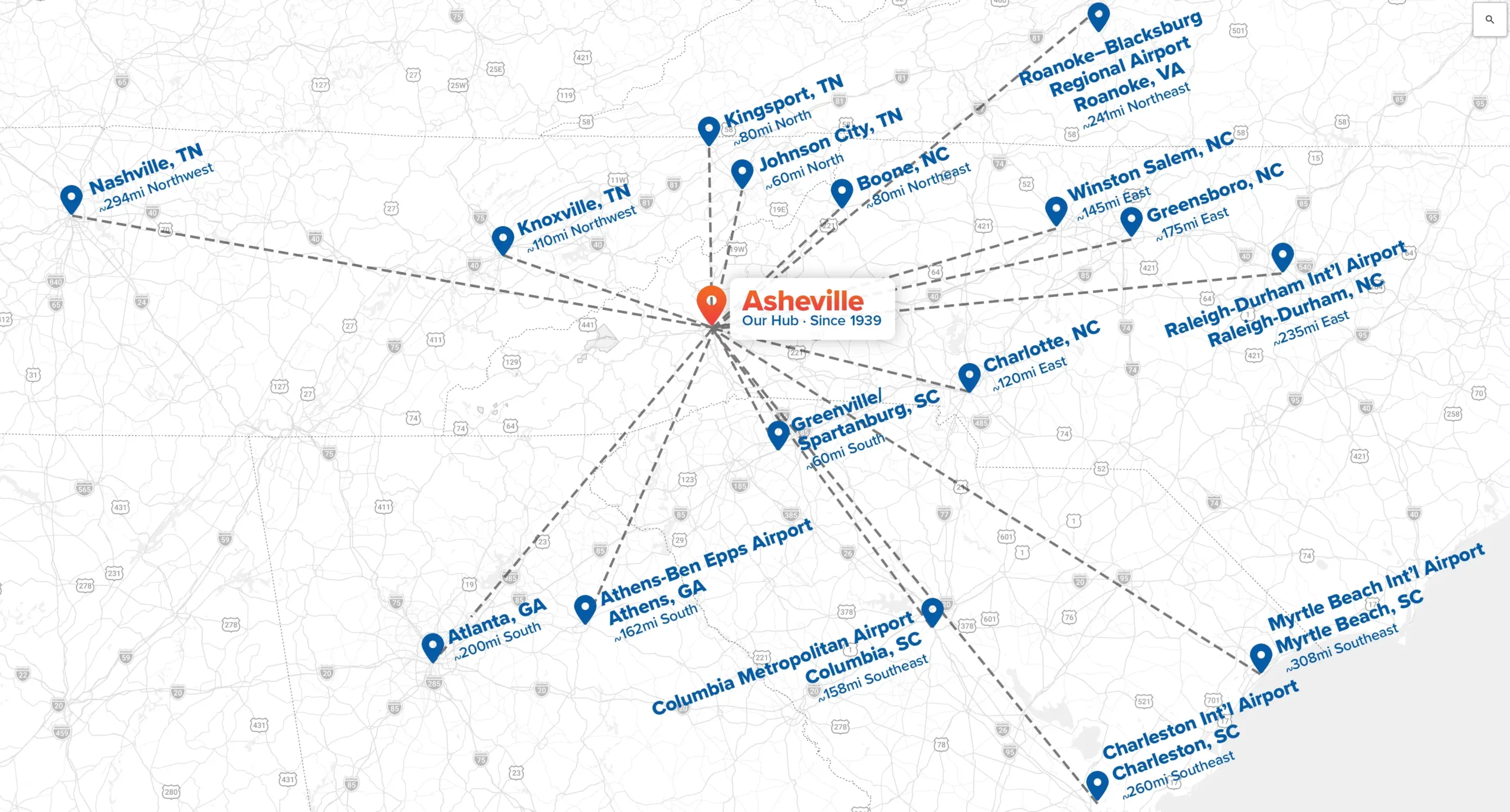 Map of the markets Young Transportation serves from its Asheville hub