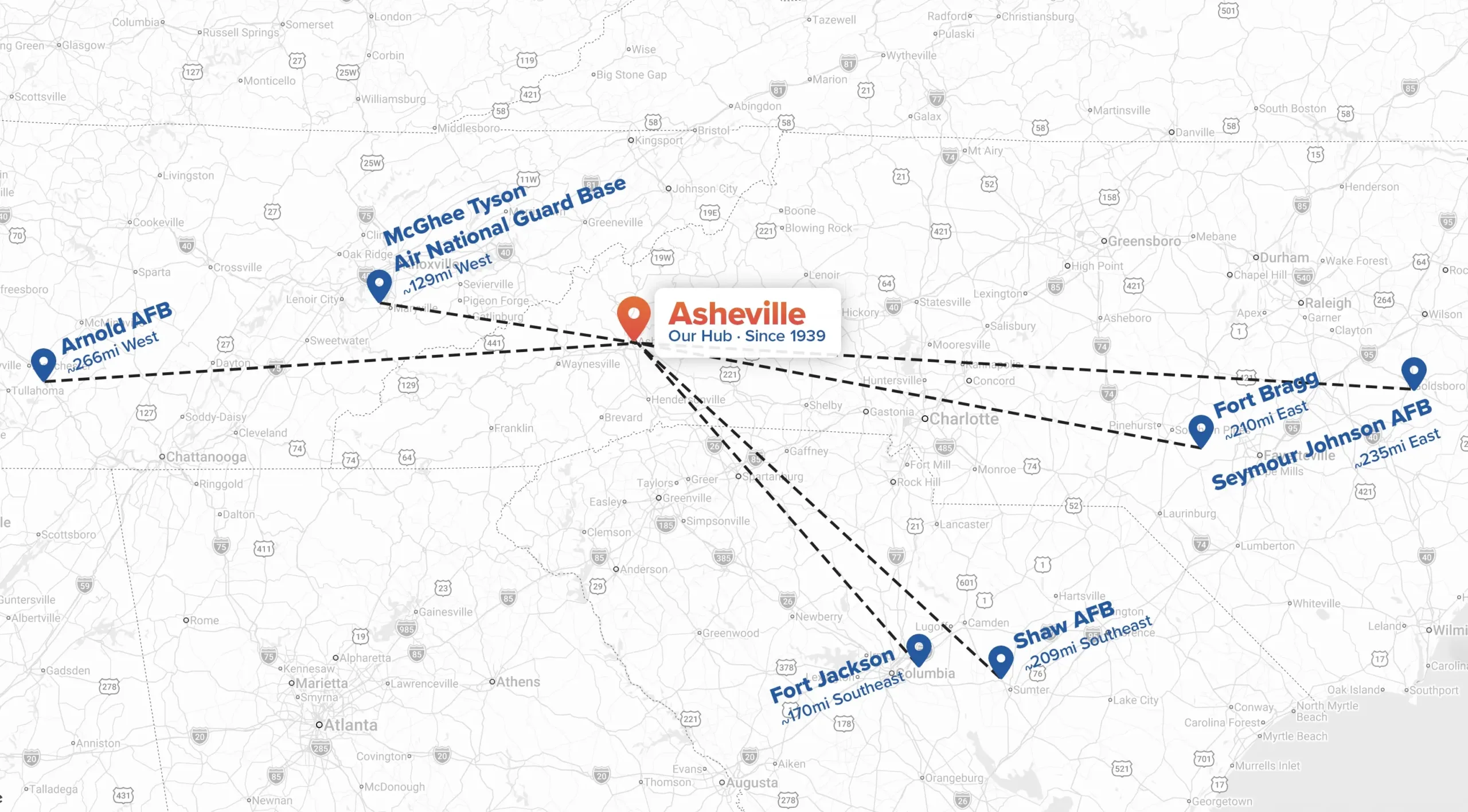 Map of military bases Young Transportation serves from its Asheville hub