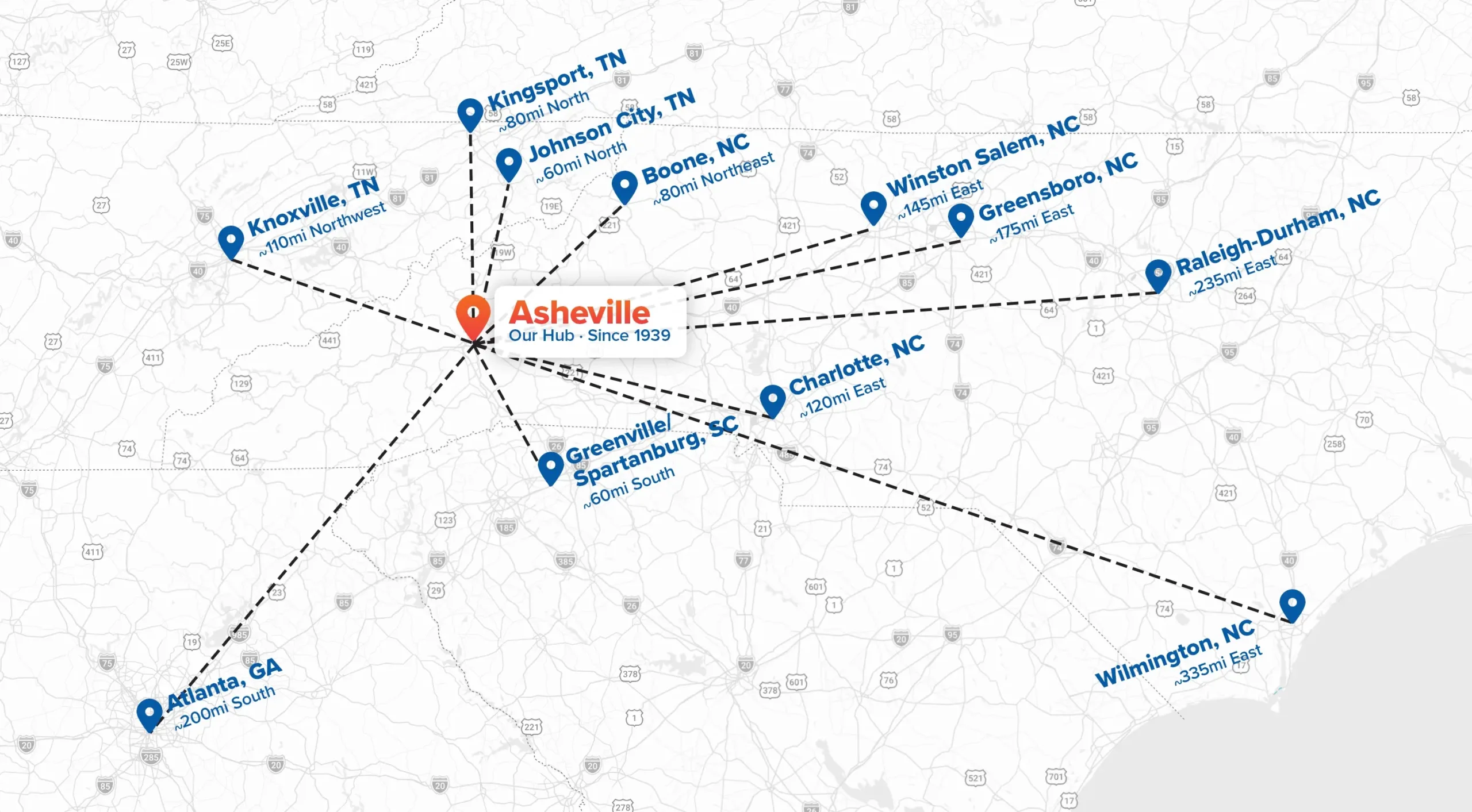 Map of charter routes between Young Transportation's Asheville hub and Raleigh-Durham