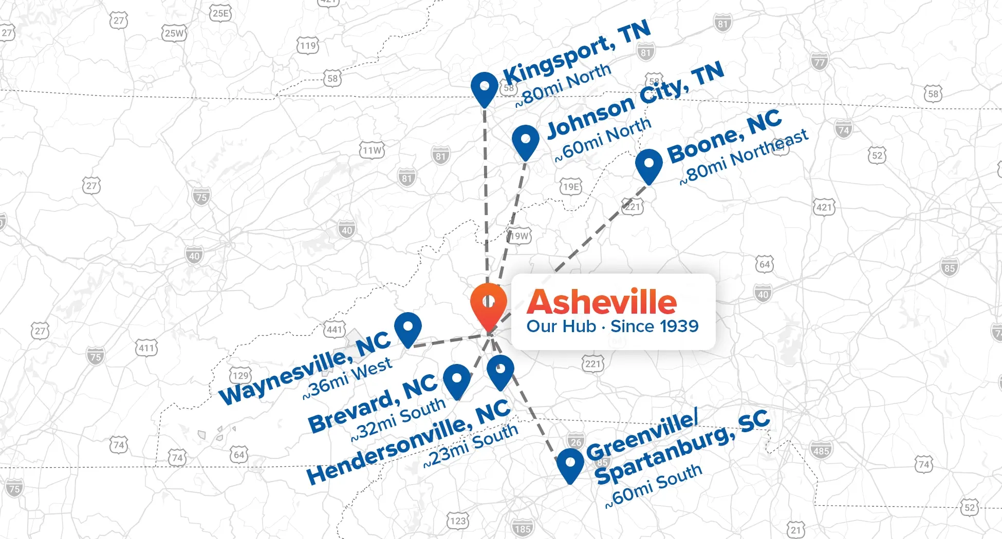 Map of Young Transportation's Asheville hub and the nearby cities it serves