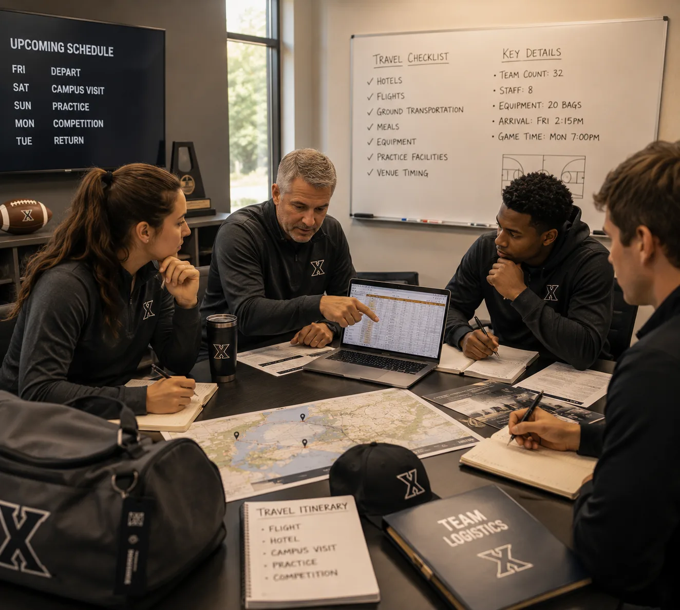 Athletics staff planning team travel around a table with maps, itineraries, and a whiteboard showing travel checklist and schedule
