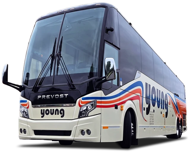 Young Transportation motorcoach, front three-quarter view