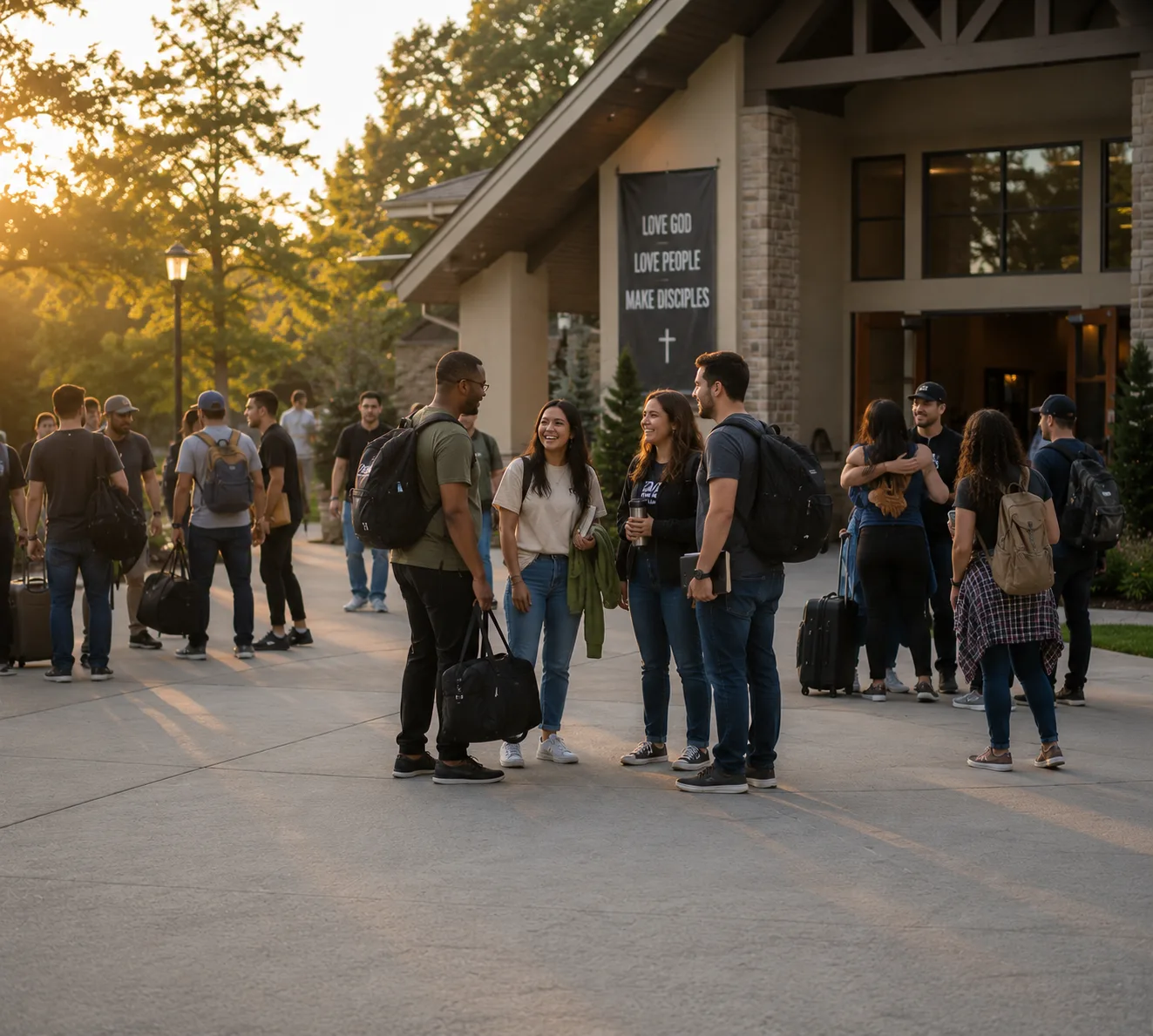 Youth group members gathering outside a church at sunset, carrying bags and luggage for a trip