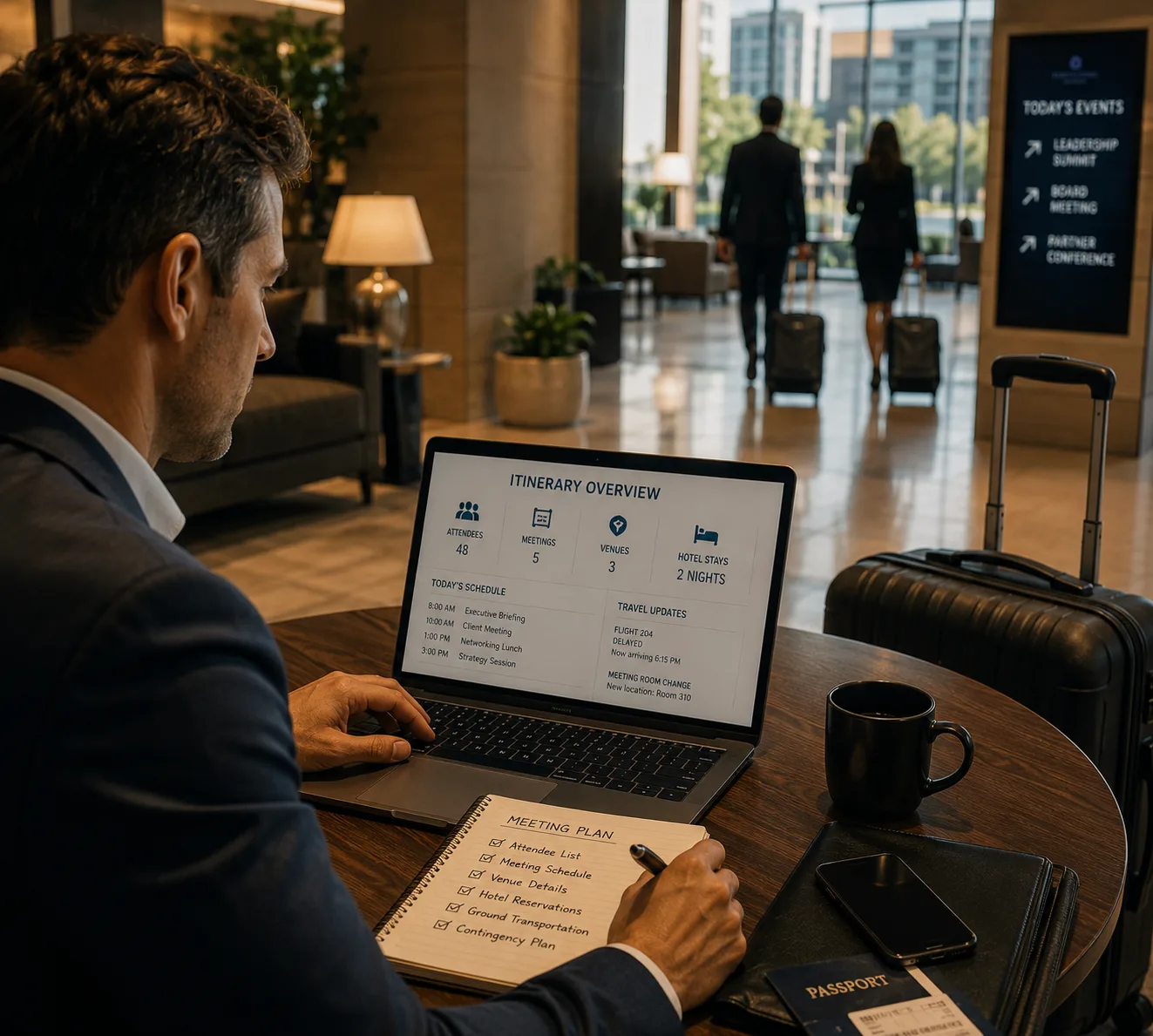 A man reviewing travel plans on a laptop in a hotel lobby