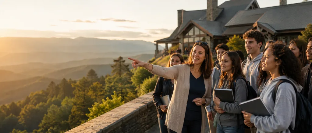 Teacher pointing out mountain scenery to a group of students at a scenic overlook during sunset