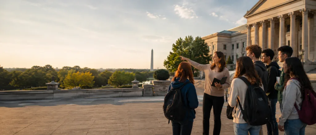 A student group with a guide outside a memorial building on an educational tour