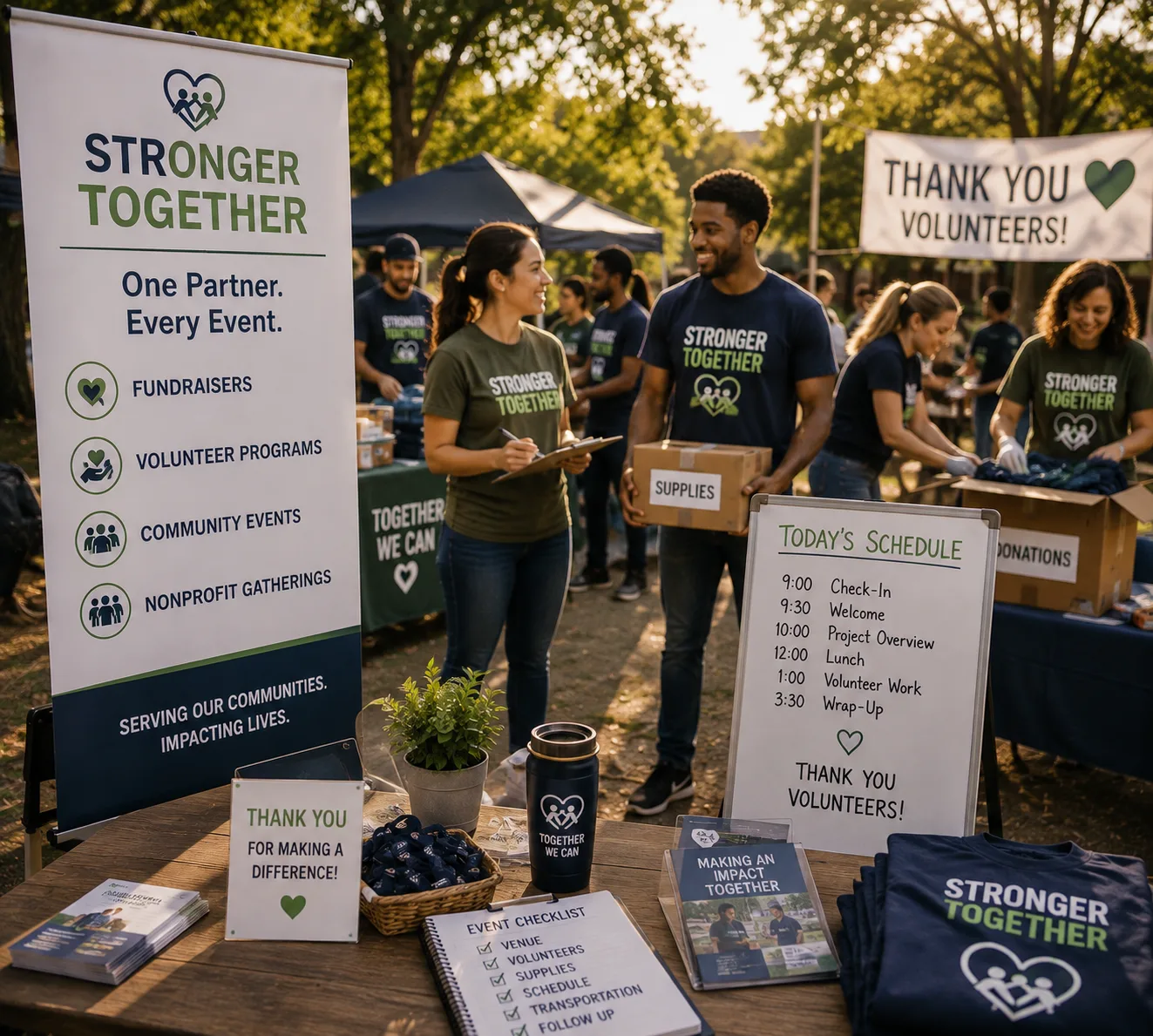 Volunteers at an outdoor community event with signage
