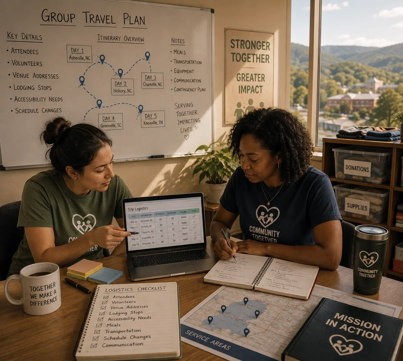 Two volunteers planning at a table with a laptop and notes