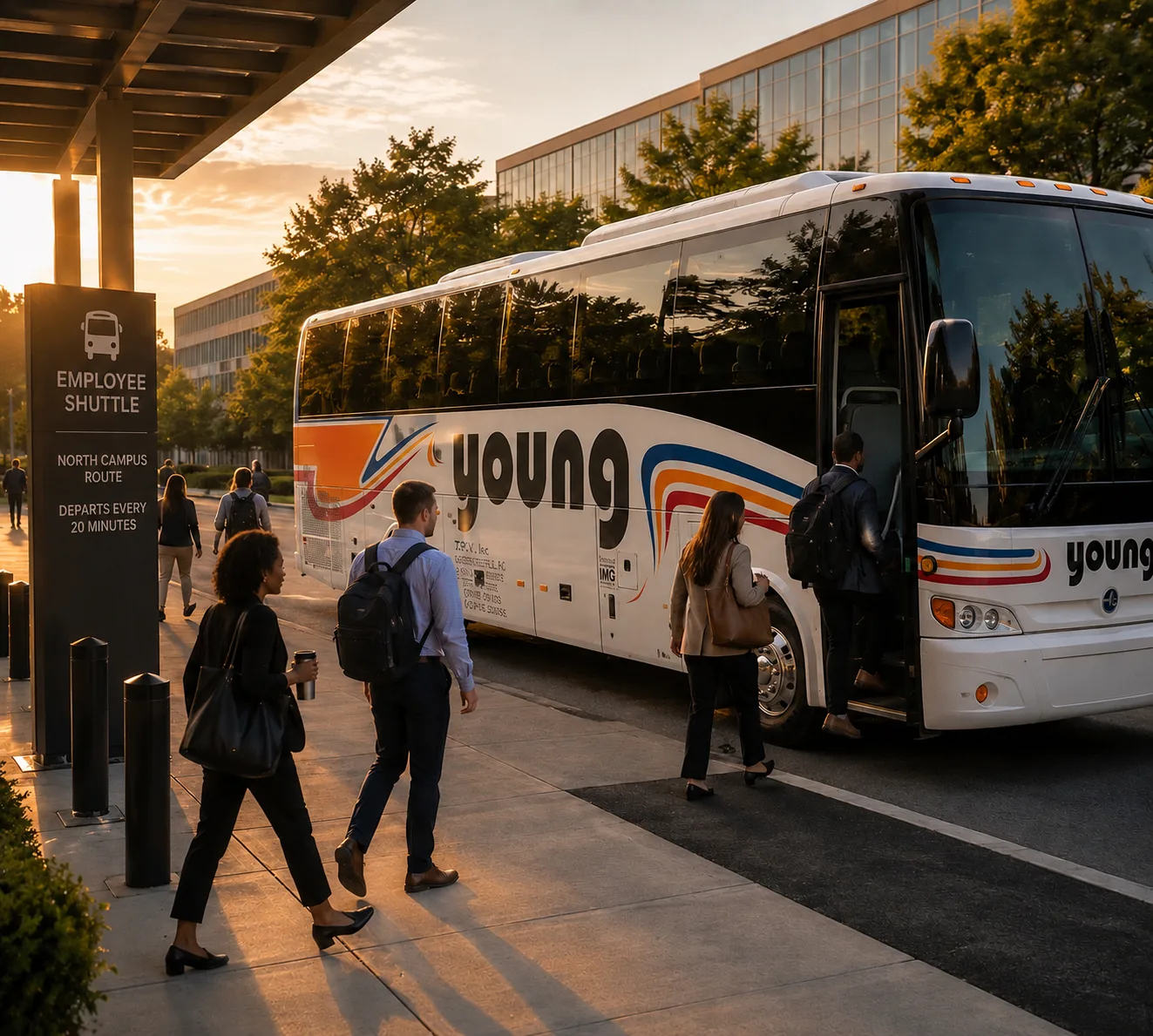 Guests walking to a waiting shuttle coach outside a venue