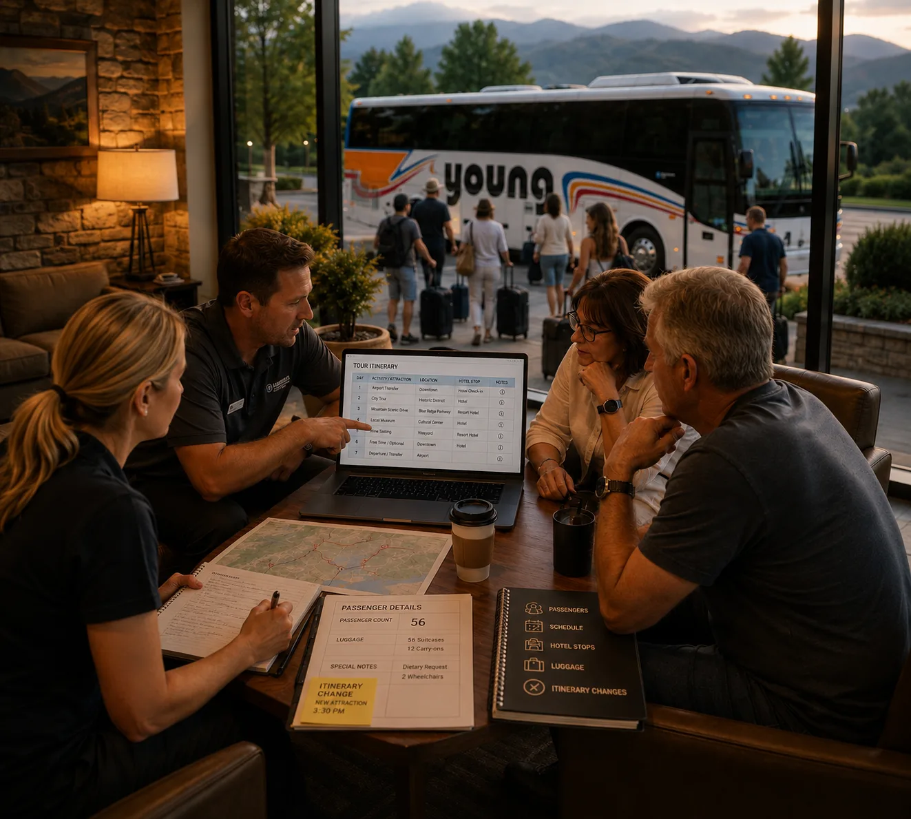 Travelers reviewing an itinerary at an outdoor table