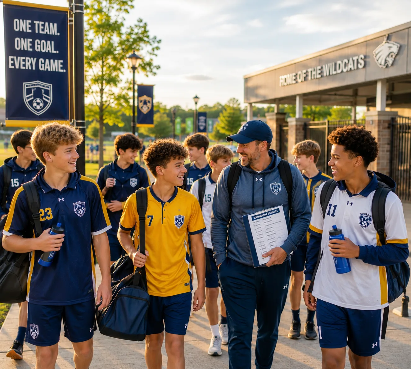 A youth team walking together in matching uniforms