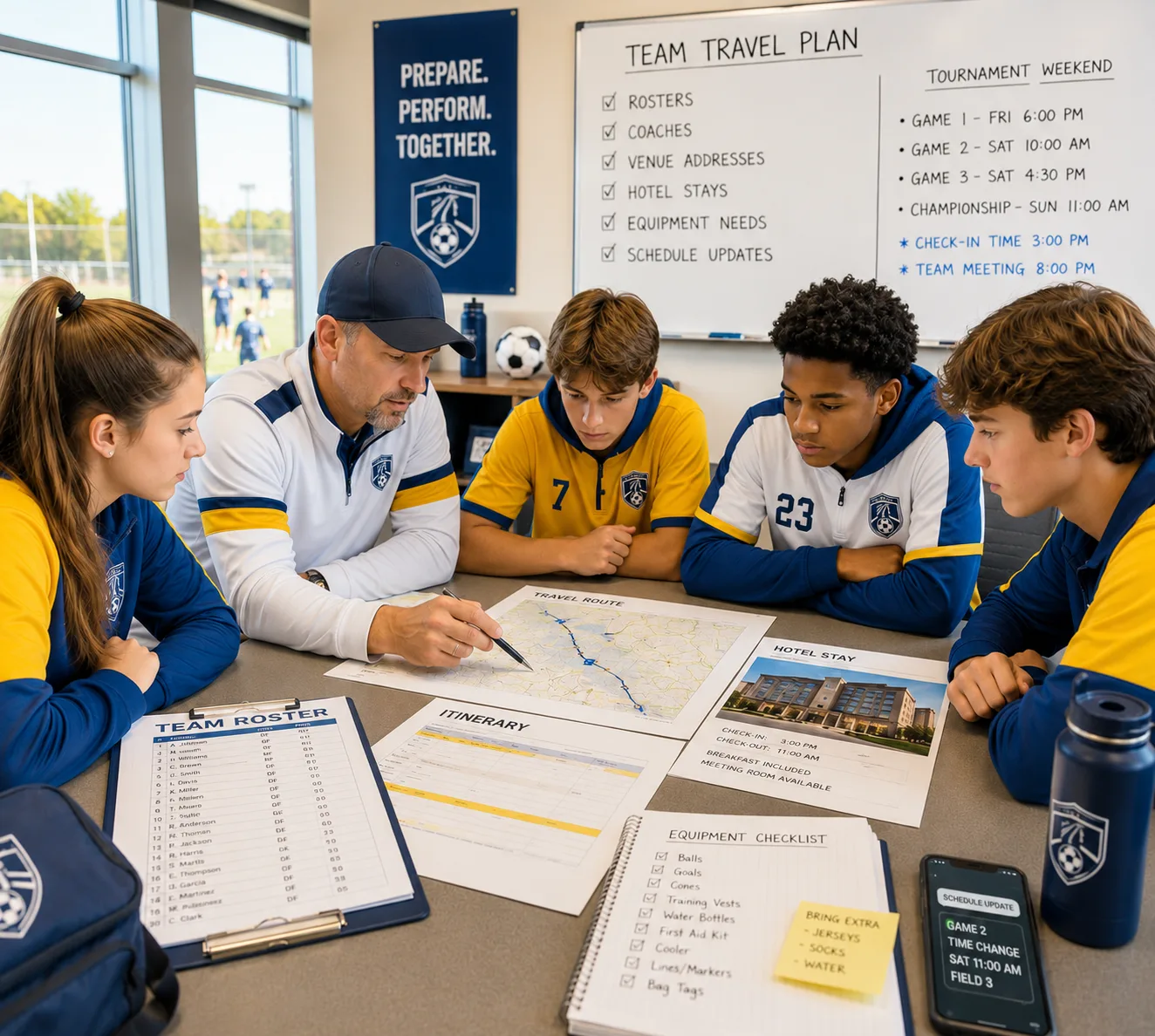 Young athletes reviewing plans around a table with a coach