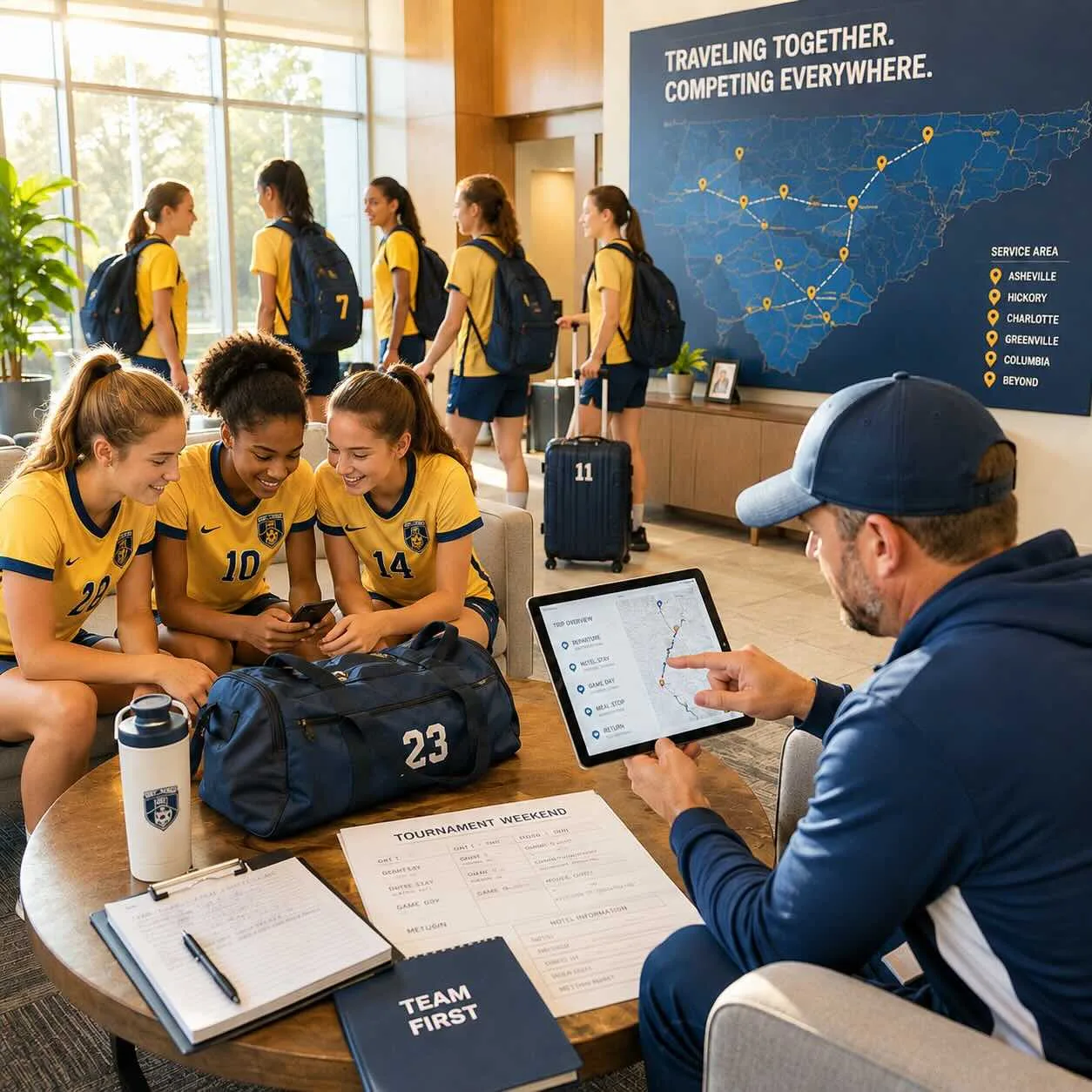 A coach going over a plan with a youth team indoors
